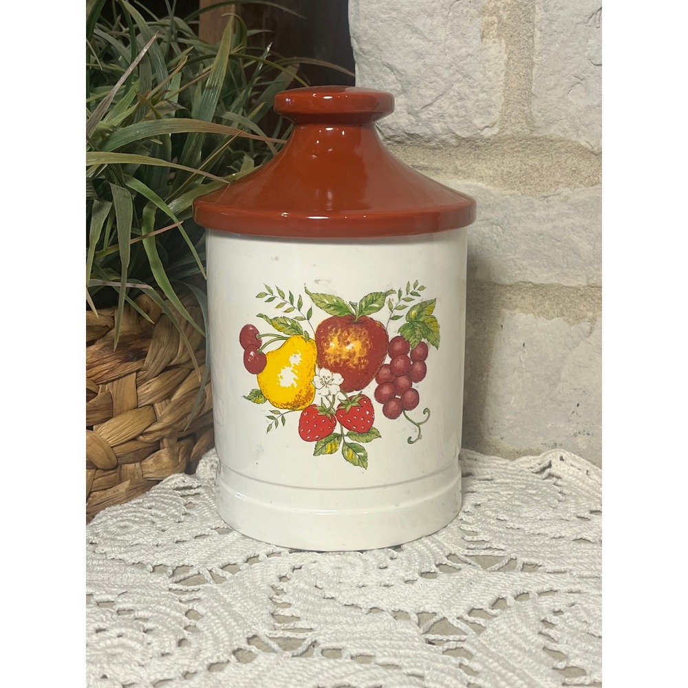 Vintage Ceramic Fruit Kitchen Canister White Retro Farmhouse Jar LARGE
